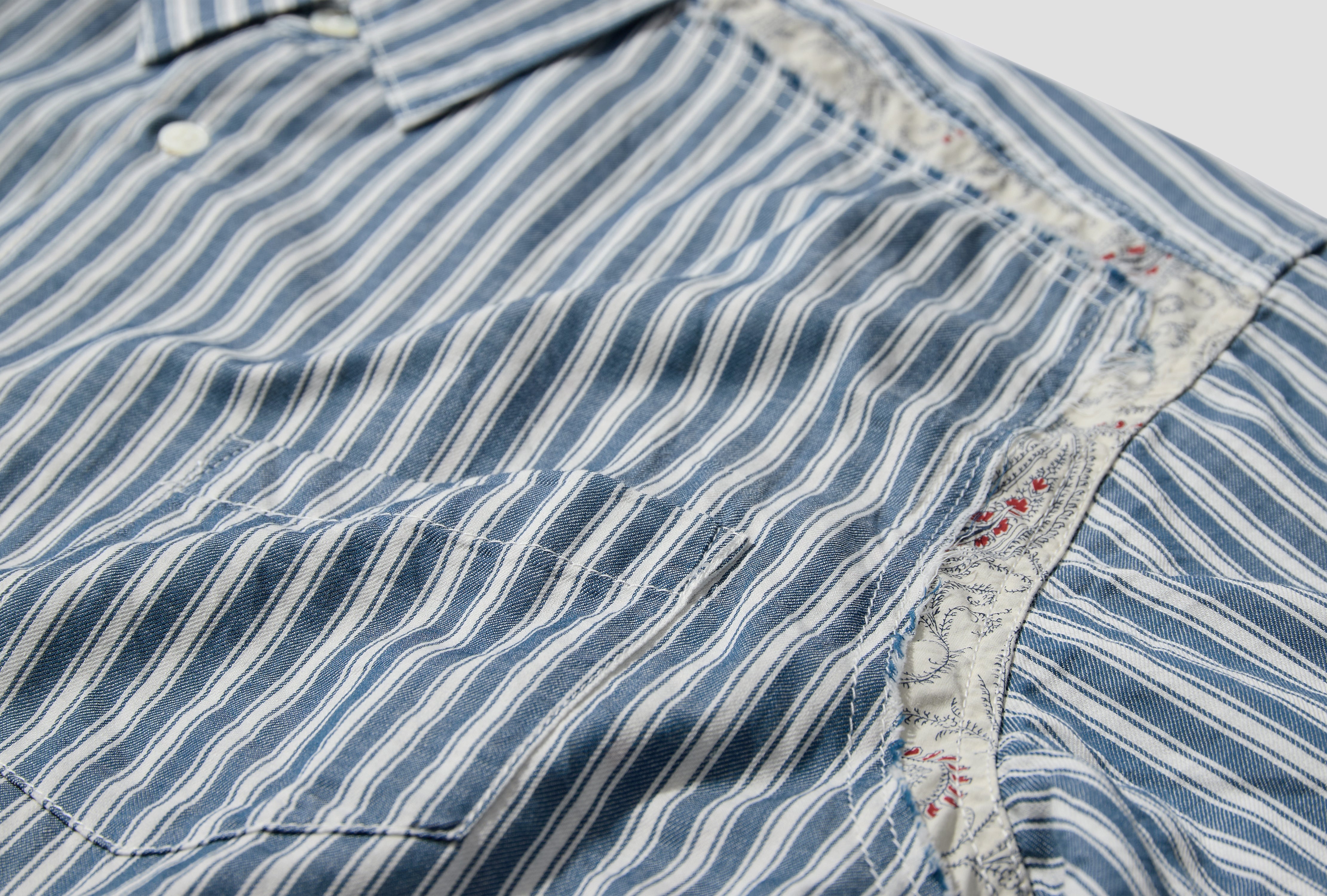 COTTON TWILL STRIPES X COTTON TYPEWRITER PAISLEY PATTERN PRINT GARMENT WASHED HO-B019-S25 Blue