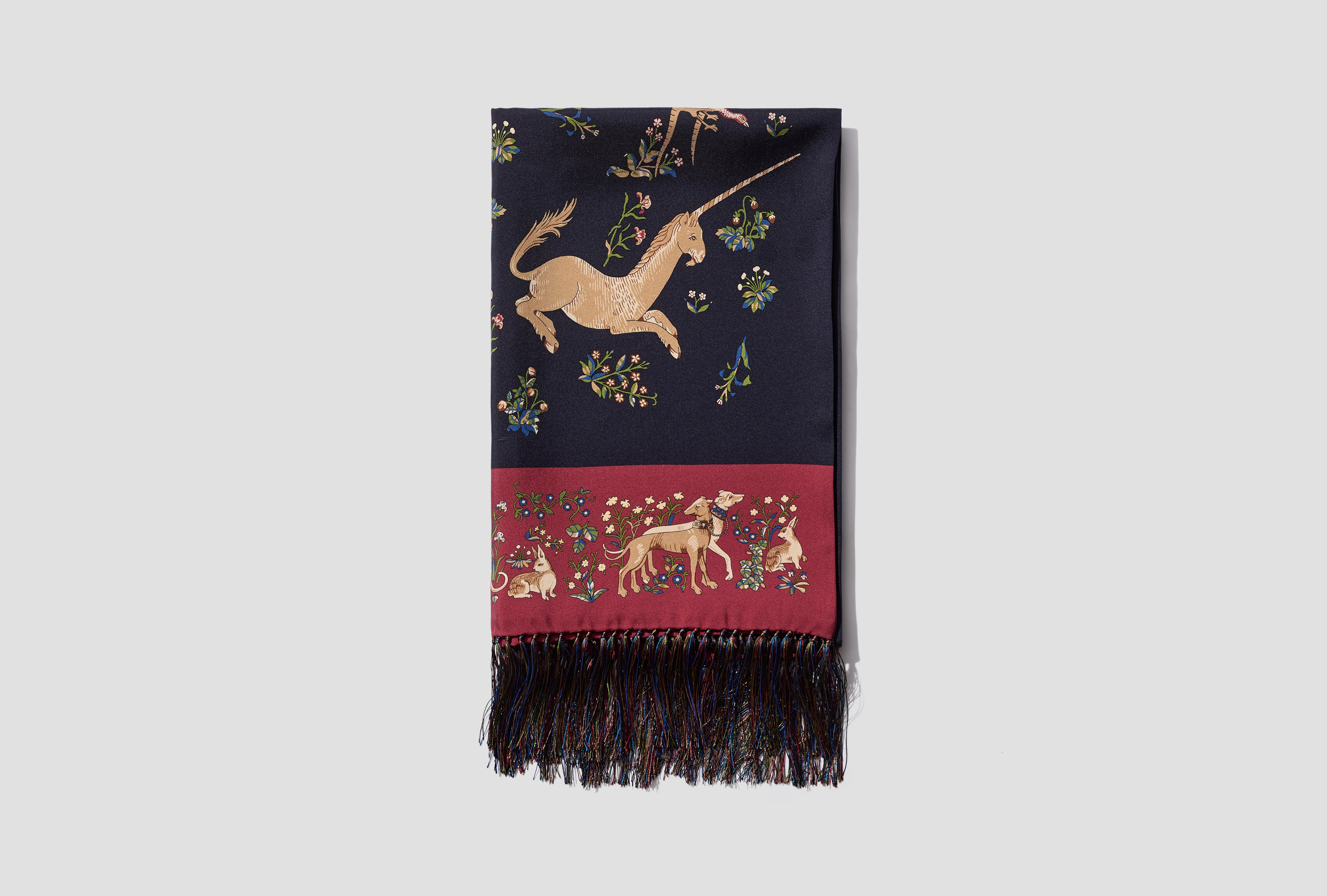 UNICORN PRINT TUBULAR SILK TASSELLED SCARF DR1AB1 22221-02 Navy