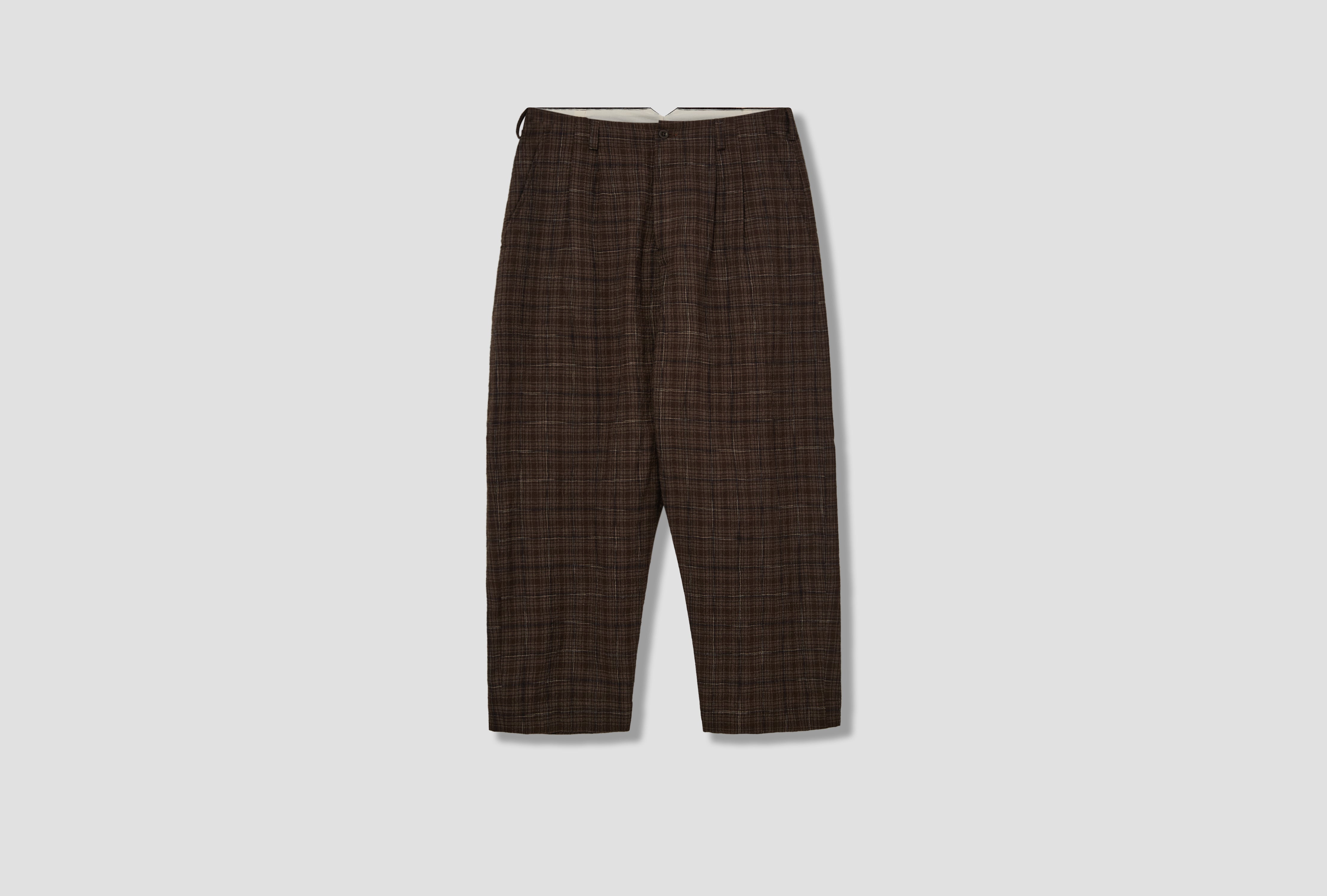 TWO PLEAT PANT - KASURI WOOL CHECK / BROWN/BEIGE/NAVY