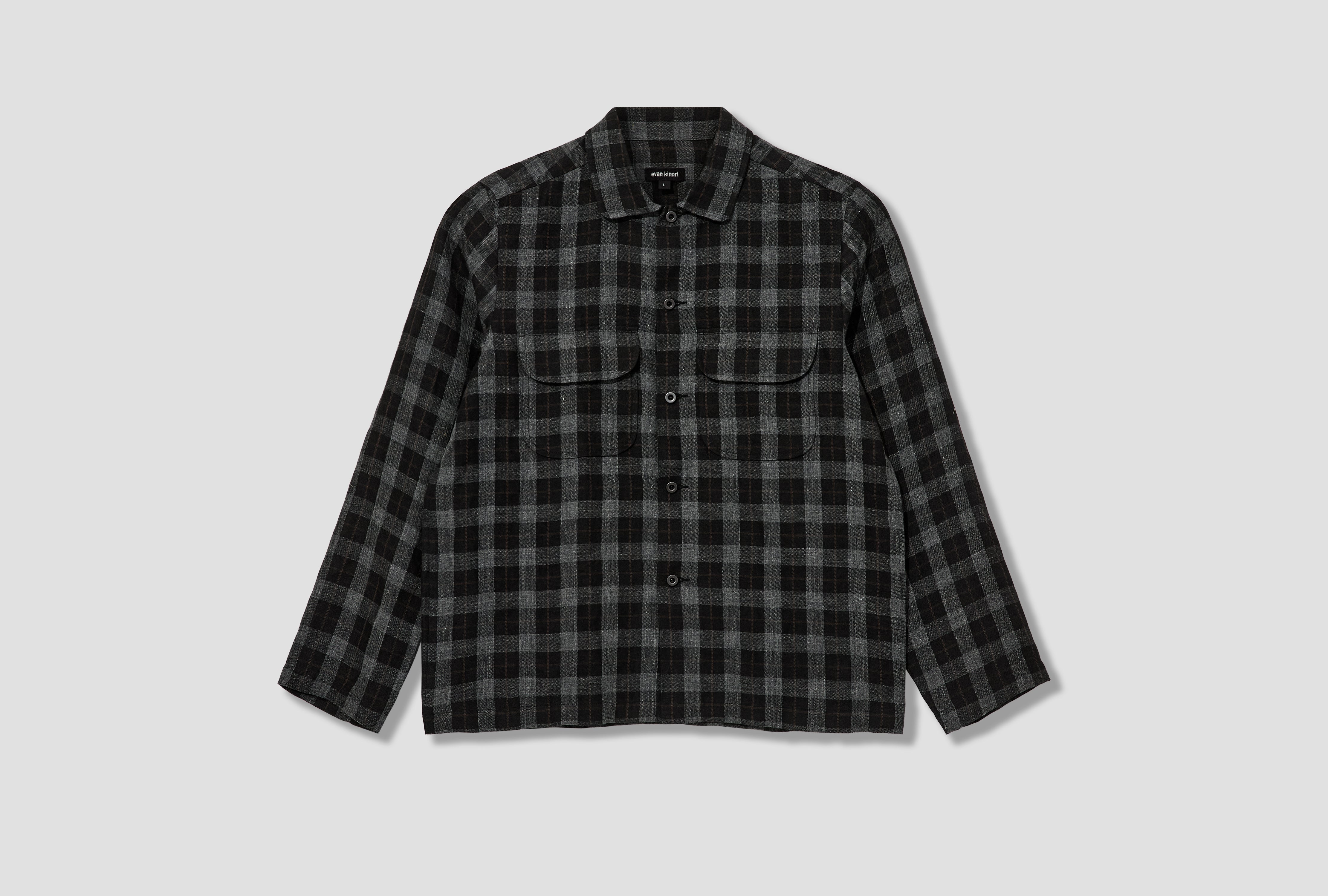 FIELD SHIRT - YARN DYE LINEN CHECK / CHARCOAL/BROWN/BLACK