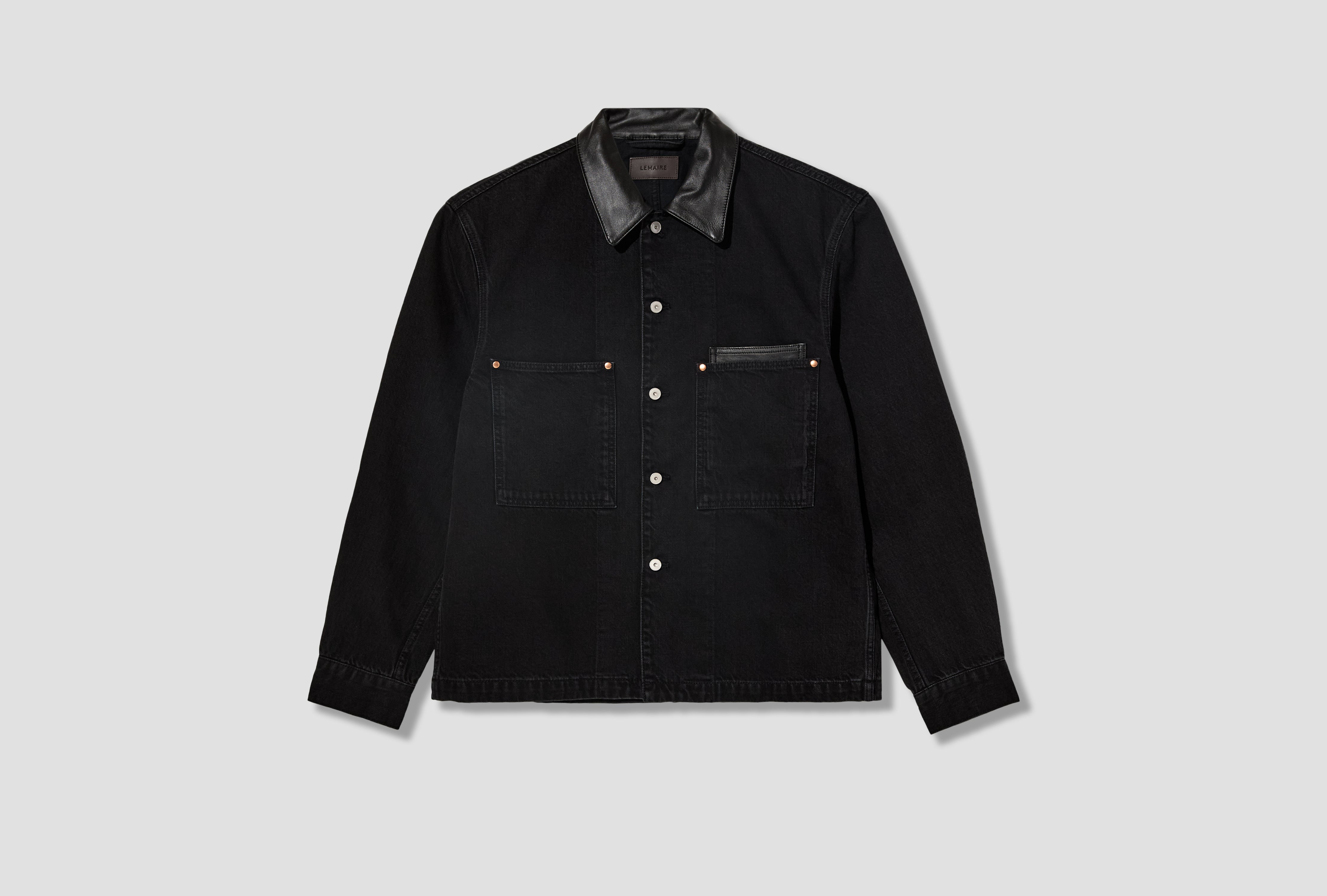 WORKWEAR OVERSHIRT WITH LEATHER COLLAR - BLACK SELVEDGE DENIM SH1310 LD1075 Black