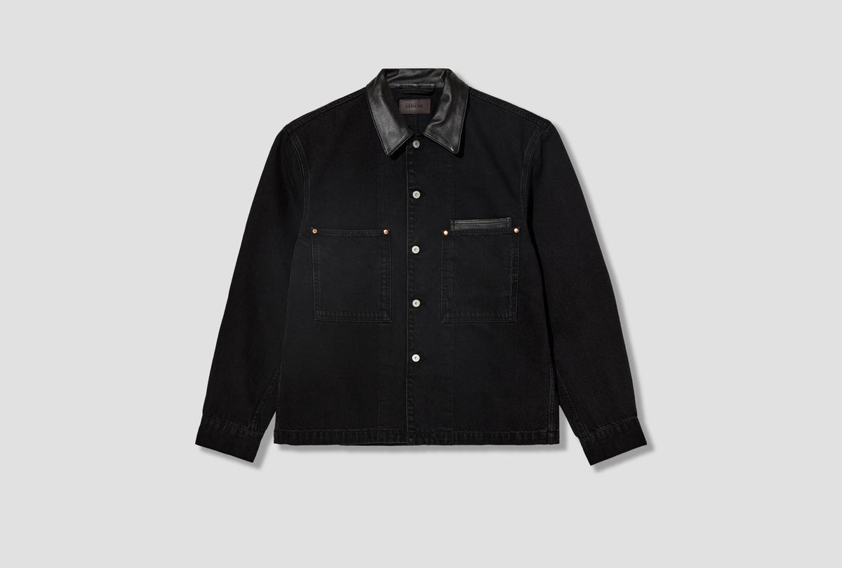 WORKWEAR OVERSHIRT WITH LEATHER COLLAR - BLACK SELVEDGE DENIM SH1310 LD1075 Black