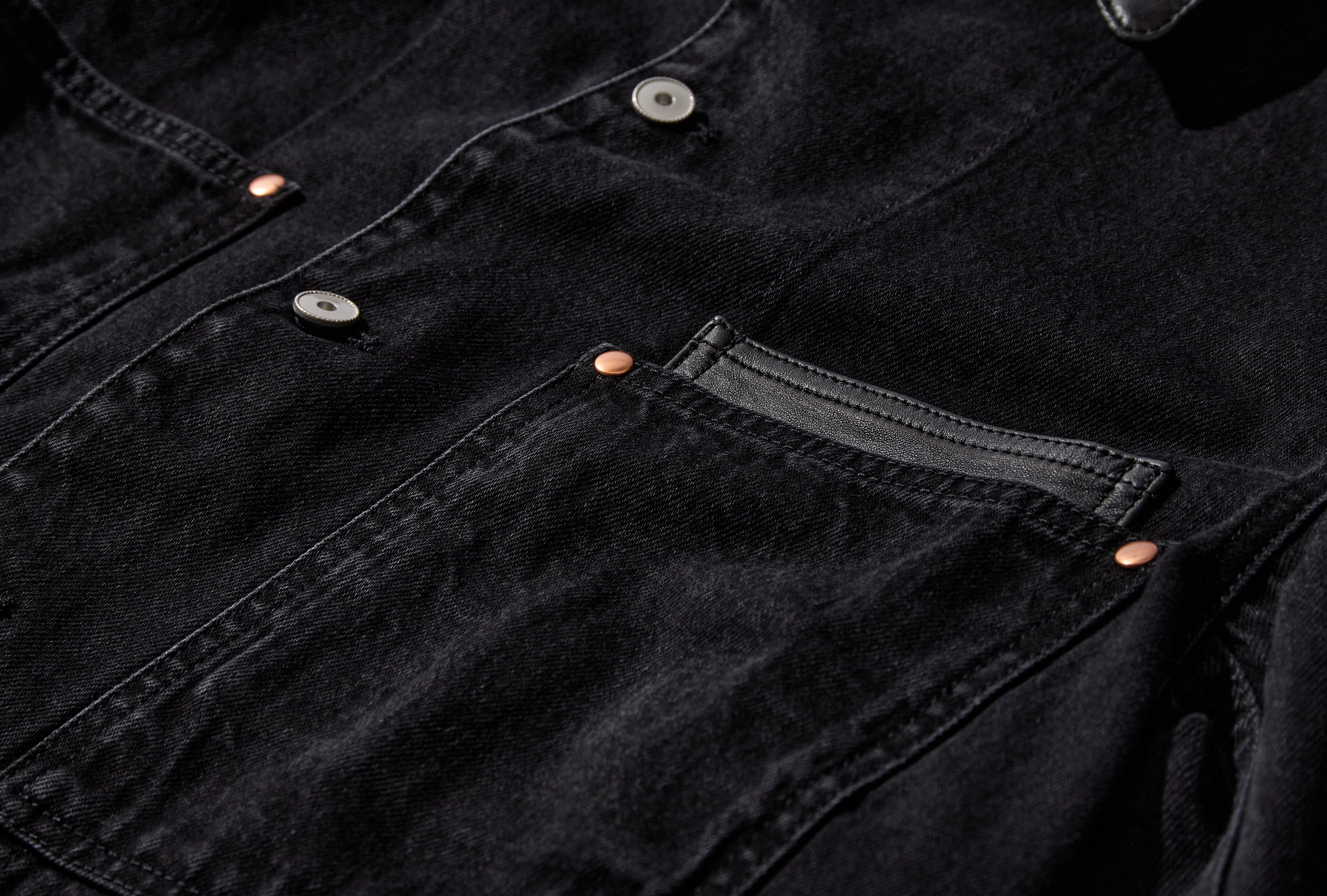 WORKWEAR OVERSHIRT WITH LEATHER COLLAR - BLACK SELVEDGE DENIM SH1310 LD1075 Black