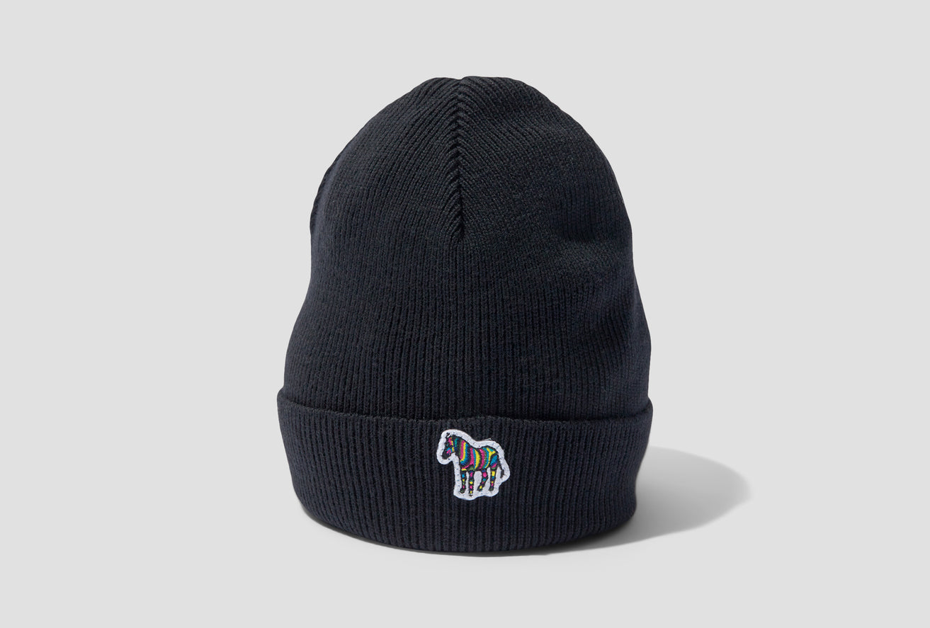 MEN'S 'ZEBRA' LOGO RIBBED LAMBSWOOL BEANIE HAT M2R-582E-AV250 Black