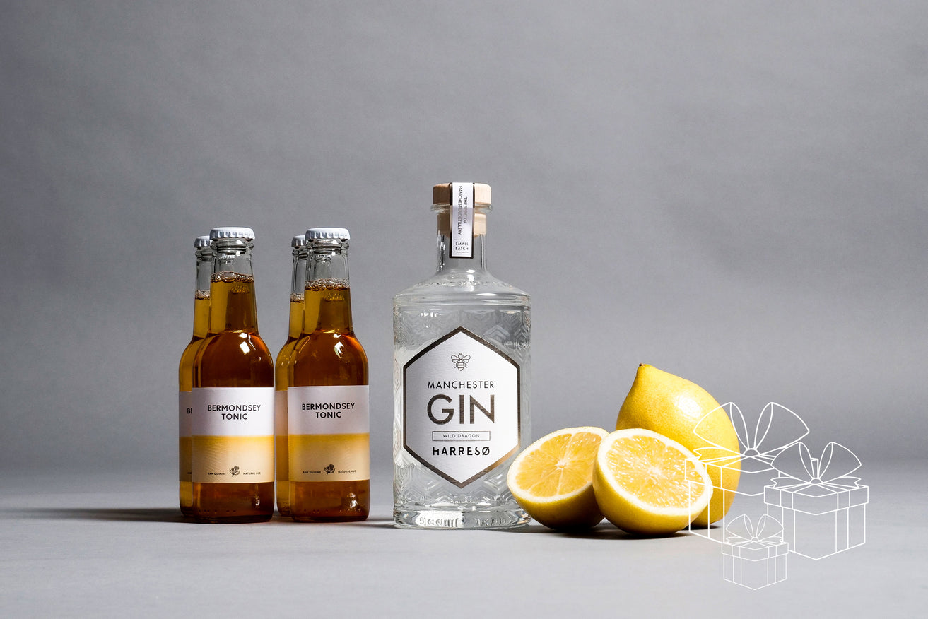BOX MANCHESTER GIN X HARRESØ WILD DRAGON 40% 500 ML. & 4 BERMONDSEY TONIC 200 ML.