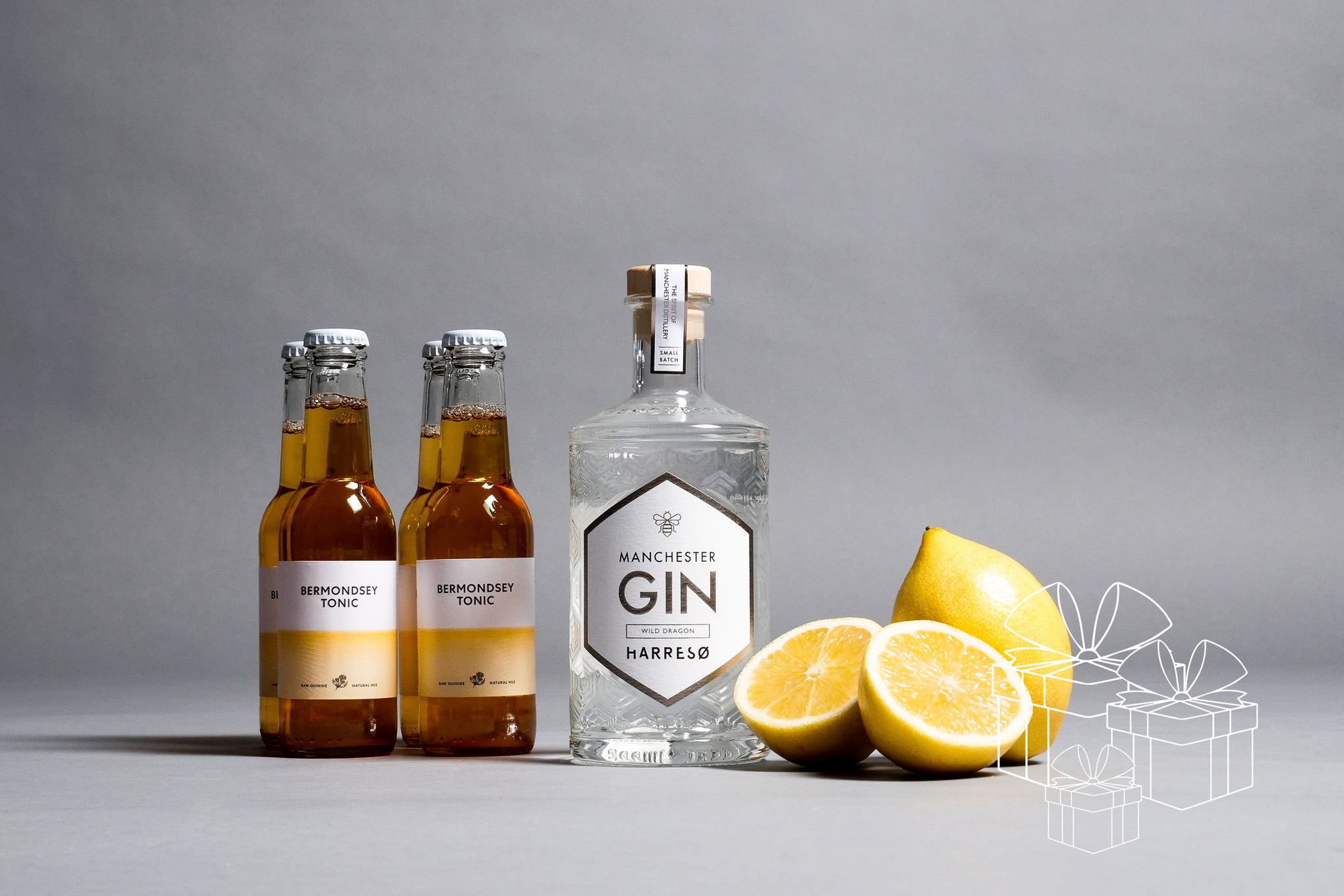 BOX MANCHESTER GIN X HARRESØ WILD DRAGON 40% 500 ML. & 4 BERMONDSEY TONIC 200 ML.