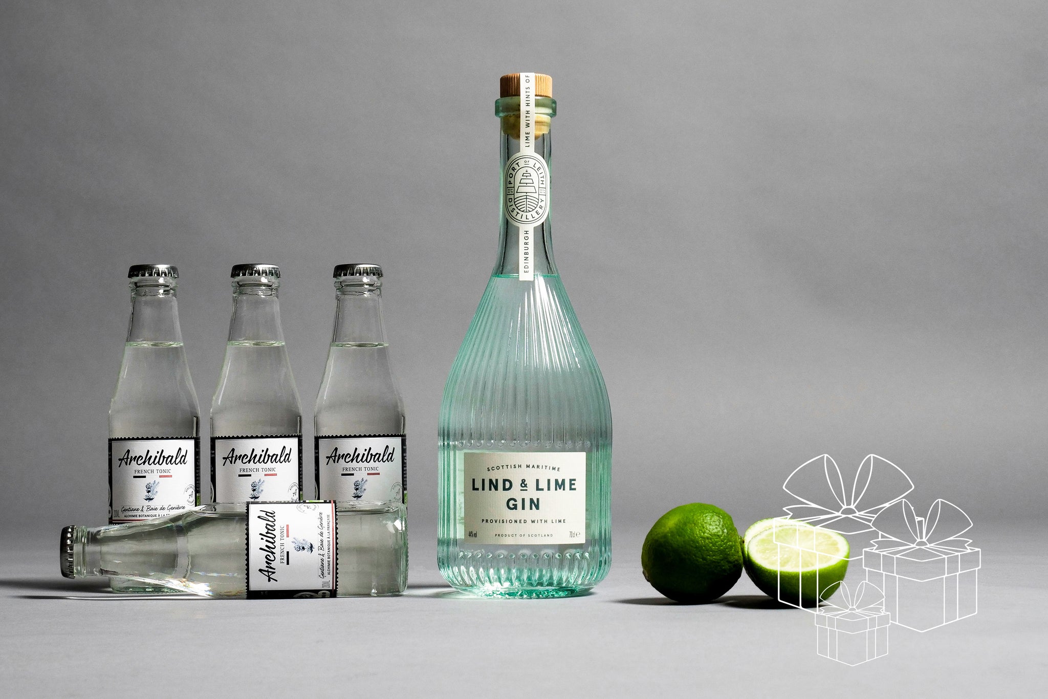 BOX LIND & LIME GIN 44% 700 ML. & 4 ARCHIBALD FRENCH TONIC 200 ML.